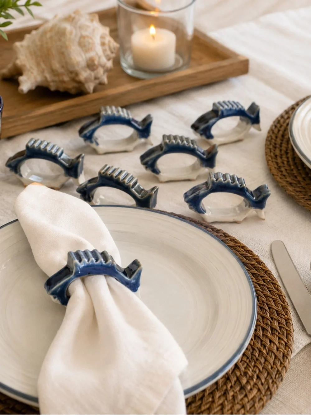 Vintage Blue White Ceramic Fish Napkin Rings Set of 8 Coastal Nautical Decor